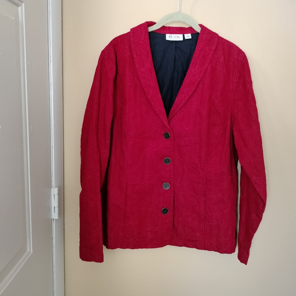 Denim & Co red embroidered lined cotton Jacket Blazer L Office Boho Travel